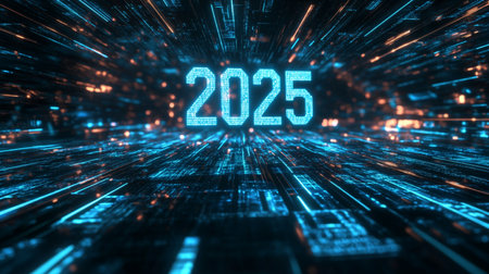 2025 New Years Eve abstract 3d illustration background with glowing numbersの素材