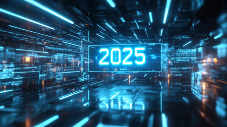 2025 new year hologram in futuristic cyberspace 3D renderingの素材