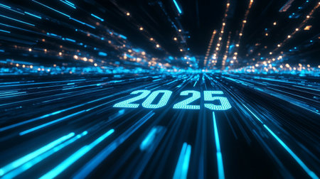 3D rendering of a futuristic 2021 new year concept on a blue backgroundの素材