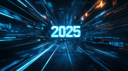 2023 New Year's Eve celebration in cyberspace with glowing neon numbersの素材