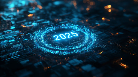 2021 new year glowing hologram over electronic circuit board background 3D renderingの素材