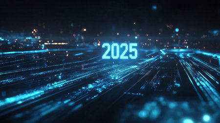 2025 new year numbers glowing on abstract technology background 3D renderingの素材