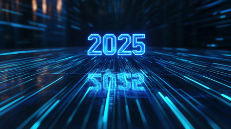 2025 new year concept with glowing neon numbers on dark background 3D renderingの素材