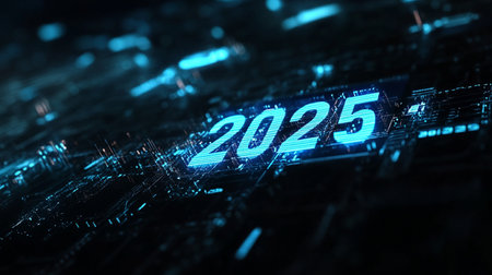 New year 2015 glowing hologram on dark blue background 3D renderingの素材