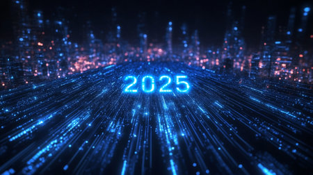 2025 New Year's Eve celebration 3D rendering illustration of technology backgroundの素材