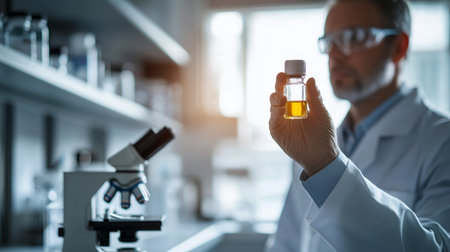 selective focus of biochemist holding test tube with yellow liquidの素材