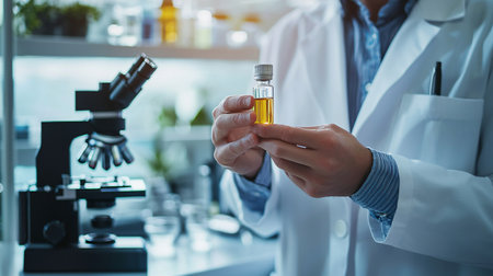 Close-up of scientist holding ampoule with vaccine in laboratoryの素材