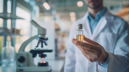 close up of scientist hand holding ampoule and microscope in laboratoryの素材