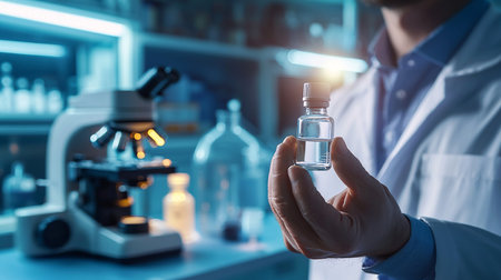 Close up of male scientist holding ampoule with vaccine and microscope on backgroundの素材