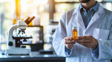 Scientist holding a vial of medicine in the laboratory background.の素材