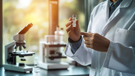 scientist hand holding ampoule and microscope in laboratory, science research and development conceptの素材