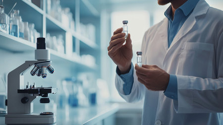 Cropped image of male scientist holding test tube with sample in labの素材