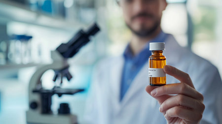 Close up of male scientist holding a bottle of medicine and microscope in the laboratoryの素材