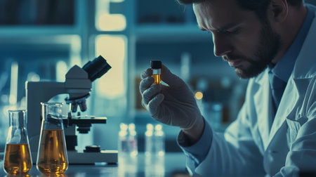 scientist working with test tube and microscope in laboratory, science research and development conceptの素材