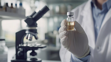 Scientist holding a test tube with yellow liquid in the laboratory backgroundの素材