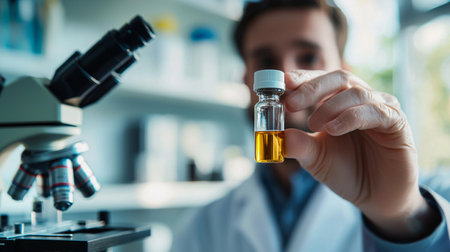 selective focus of scientist holding ampoule with yellow liquid in laboratoryの素材