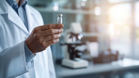 Close up of male scientist holding syringe in laboratory. Medical research and development concept.の素材