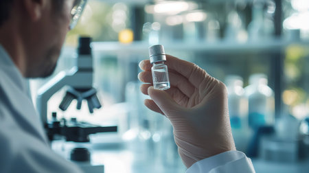 selective focus of biochemist holding ampoule in laboratoryの素材