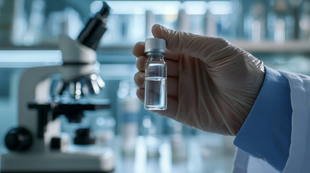 Close up of a scientist hand holding a glass vial with medicineの素材
