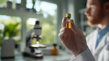 Close-up of male scientist holding test tube with yellow liquid in laboratoryの素材