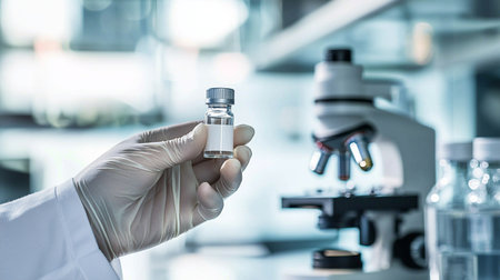 Scientist hand holding a vial of vaccine in the laboratory.の素材