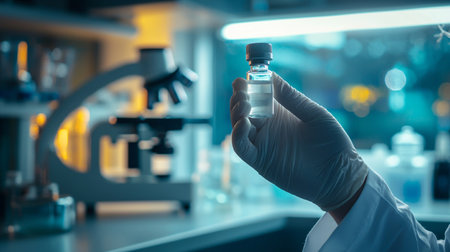 Scientist holding a vial of vaccine in the laboratory, science research and development conceptの素材