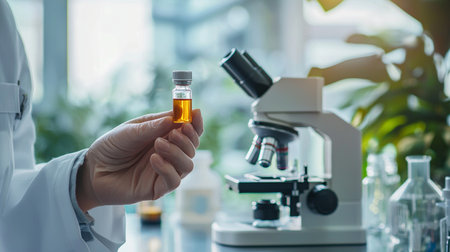 Scientist holding a test tube with a yellow liquid in the laboratoryの素材