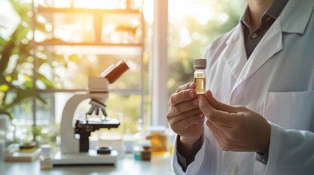 scientist holding test tube and microscope in laboratory, science research and development conceptの素材