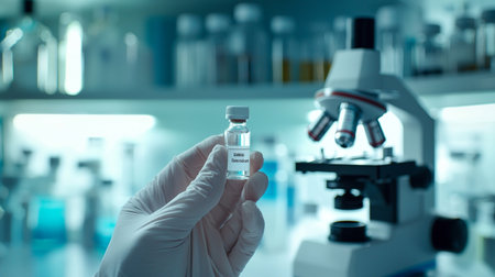 Laboratory research and development concept. Scientist with microscope and test tubes in laboratory.の素材