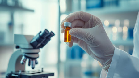 Scientist working with microscope and test tube in laboratory, closeupの素材