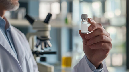 Close up of male scientist holding a vial of vaccine in labの素材