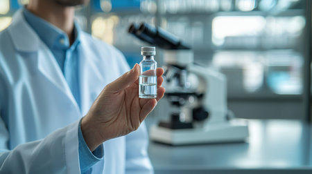 Close-up of male scientist holding glass vial of vaccine in laboratoryの素材