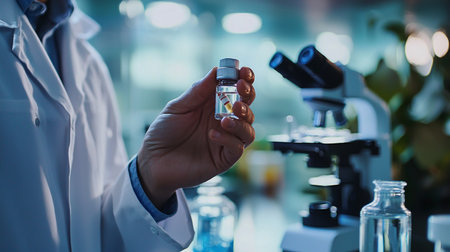 Close-up of scientist holding a vial of medicine in laboratoryの素材
