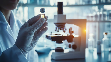 Close up of female scientist holding test tube and microscope in laboratory. Research and development conceptの素材