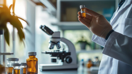 Close up of female scientist holding ampoule with medicine in laboratoryの素材