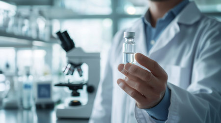 close up of scientist holding a glass vial of medicine in laboratoryの素材