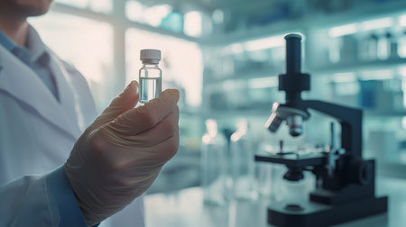 Scientist holding a test tube and microscope in laboratory, science research and development concept.の素材
