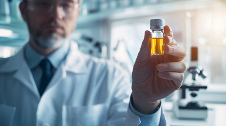 close up of a male scientist holding a cbd oil in a laboratoryの素材