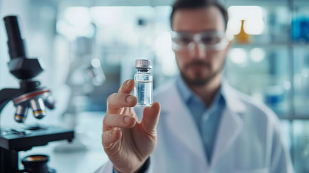 selective focus of biochemist holding glass vial with vaccineの素材
