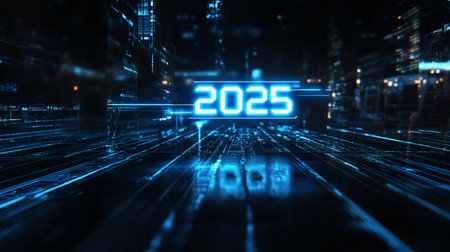 2025 new year glowing hologram over futuristic dark background 3D renderingの素材