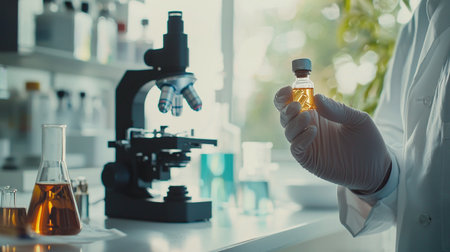 scientist holding test tube and microscope in laboratory, science research and development conceptの素材