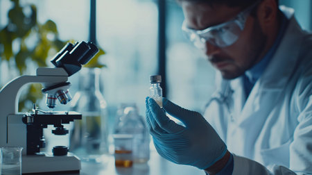 scientist working with microscope and test tube in laboratory. science research and development concept.の素材
