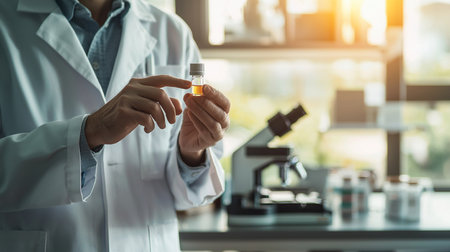 Scientist is holding a test tube with orange liquid in the laboratory.の素材