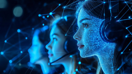 Two young female telemarketing agents working with headsets on dark backgroundの素材