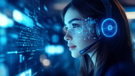 Cyber security concept with young woman wearing headset and looking at cameraの素材