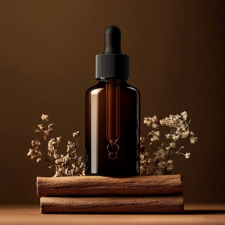 Amber glass dropper bottle with pipette on wooden background.の素材