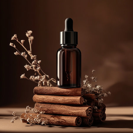 Bottle of essential oil with cinnamon sticks and dried flowers on brown backgroundの素材