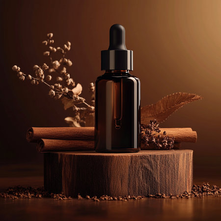 Cinnamon essential oil in a glass bottle on a wooden background. 3d illustrationの素材