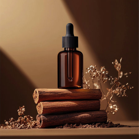 Cinnamon essential oil in a brown glass bottle with pipette on wooden backgroundの素材