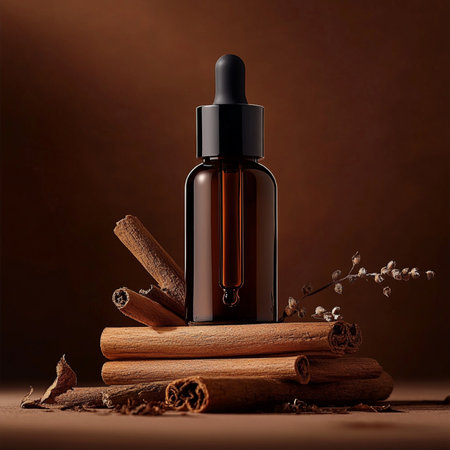 Essential oil in a glass bottle with cinnamon sticks on brown backgroundの素材